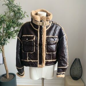 Brown Cropped Sherpa Lined Aviator Biker Jacket M
